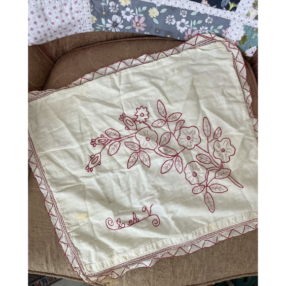 Antique handmade white red floral Embroidered‎ throw Pillow Cover square 15x15 - Picture 1 of 9